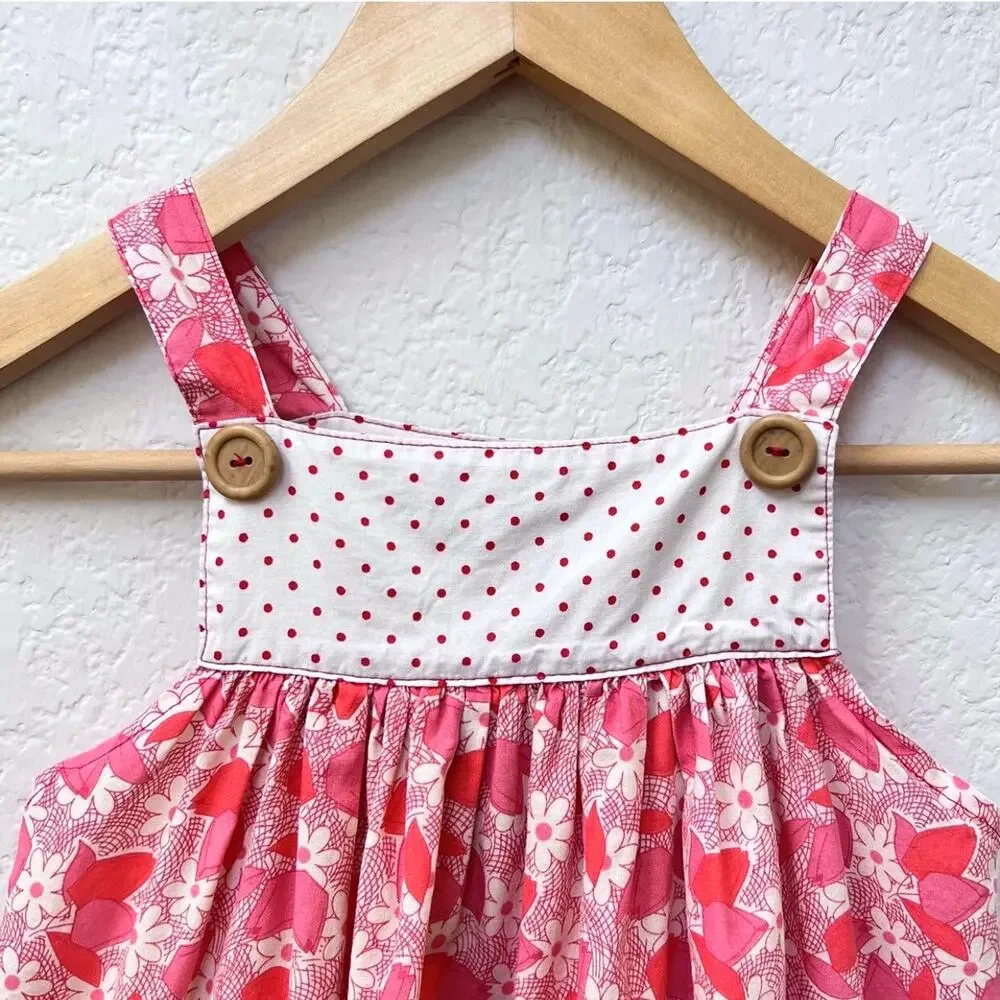 🦄 3/$36 Misha Lulu Pinafore Dress Girls 2 Pink Floral Polka Dot Patch Pocket